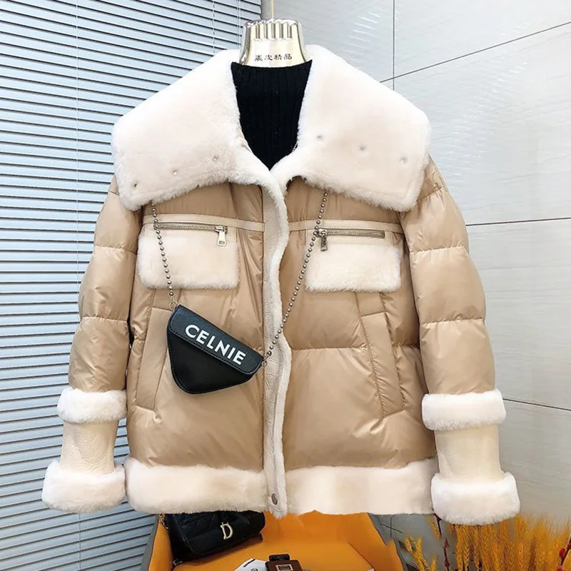 Winter Lamb Fur Coat Women Thick Faux Leather Sheepskin Coat Streetwear Waterproof Winter Shearling Bomber Jacket JJ675