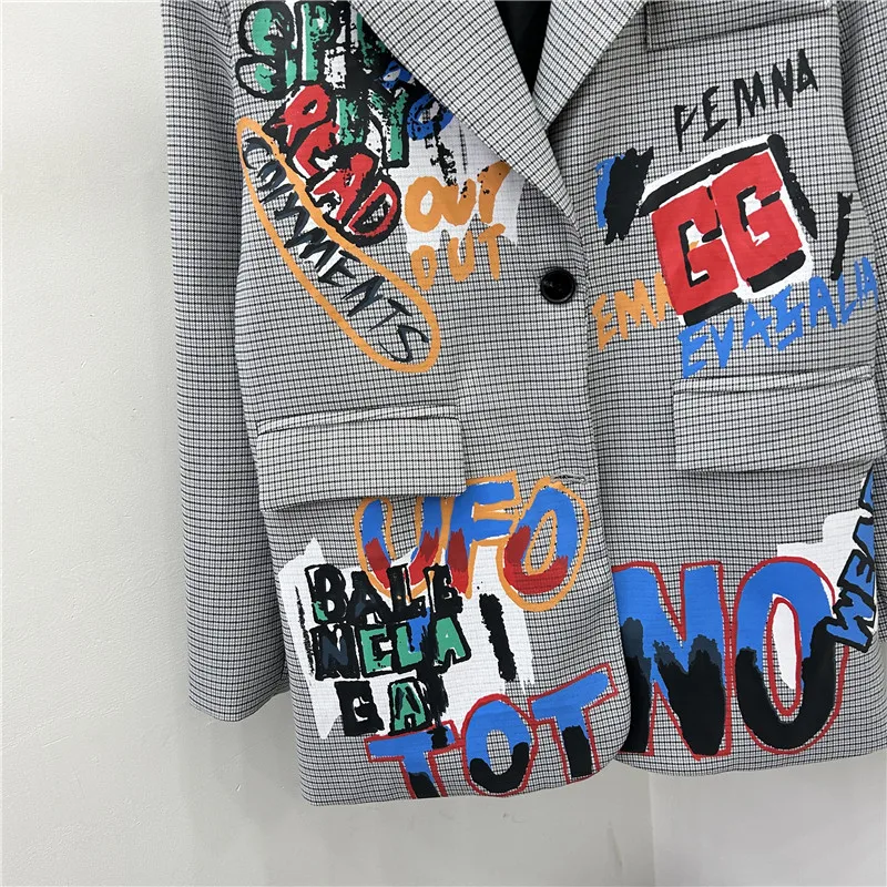 Mode Graffiti Buchstaben Plaid Blazer Jacke Frauen Oberbekleidung Große Tasche Langarm Anzug Jacke Mantel Weibliche Casual Grau Blazer