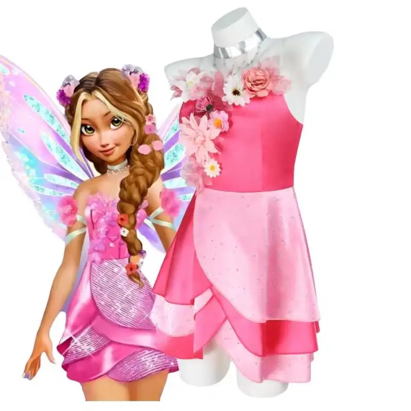Disfraz de Hada Flora, Vestido Rosa con Collar, Accesorios de Flores Coloridas, Disfraz para Fiesta de Halloween para Mujer, Vestido Uniforme de Moda