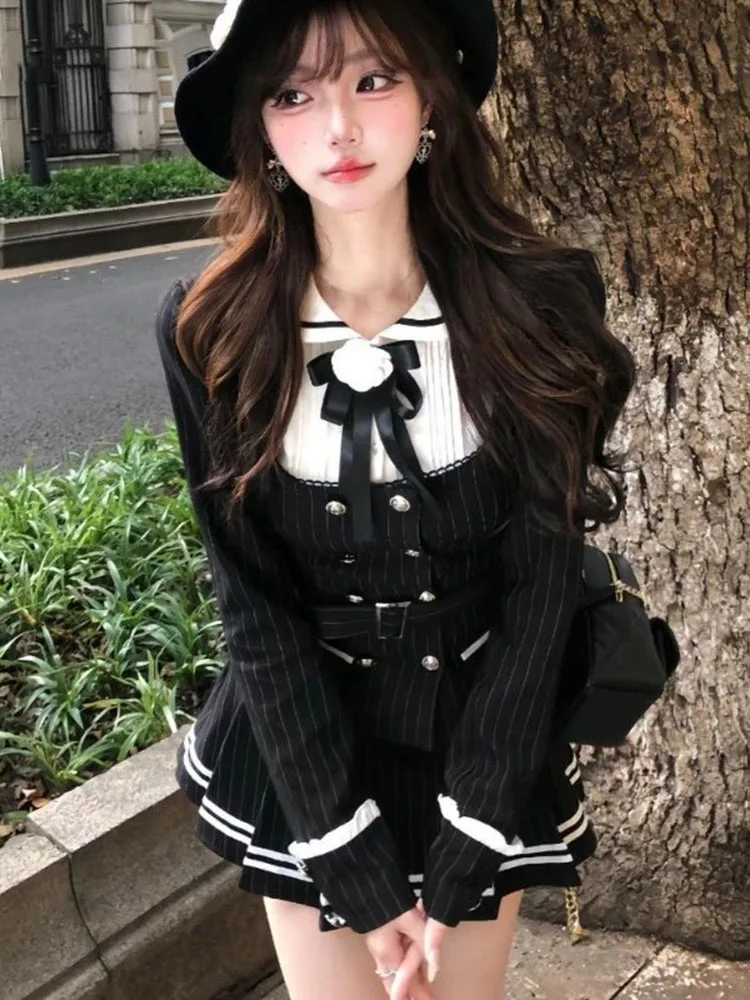 Ensemble 2 pièces pour femmes, Style Preppy, Vintage, foncé, Slim, rayé, manteau, hauts, Mini jupe plissée, costume, tenues uniformes élégantes, automne