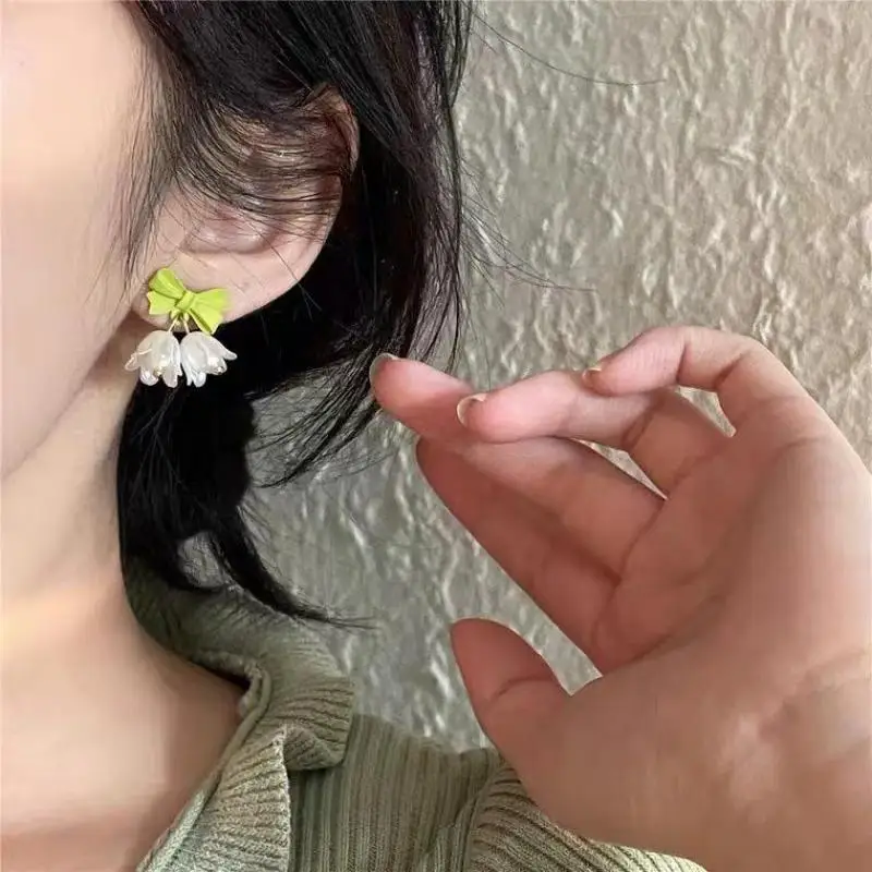 Punk Girl 925 Silver Needle Earrings Korean Edition Bell Orchid Tulip Flower Gentle Bow Knot Forest Style Girl Style Earrings