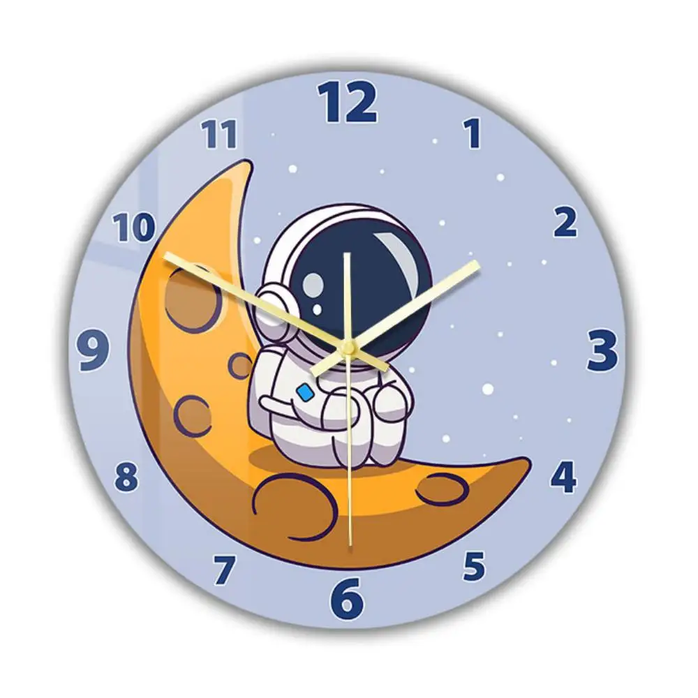 Cartoon Astronaut Silent Non Ticking Wall Clock for Nursery Kids Room Astronomical Artwork Clock Space Home Decor Timepieces