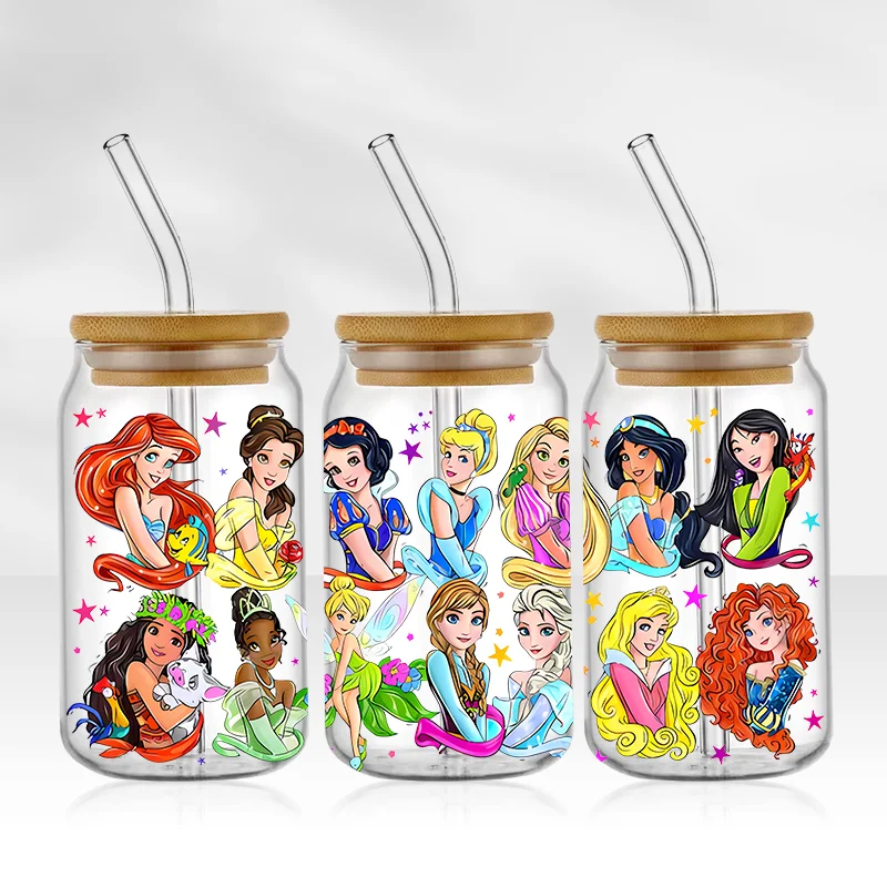 Princesa da Disney-adesivos de transferência uv dtf, 16oz, impermeável, adesivo permanente, para copo, vidro, cerveja, lata, copo