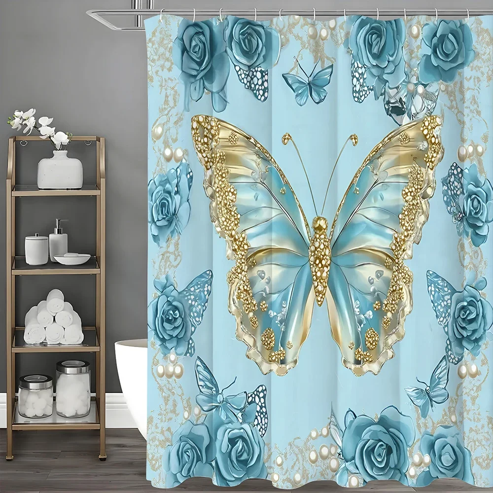 

Занавеска для душа из розового золота с синей бабочкой, декоративная занавеска для душа в ванной комнате, водонепроницаемая занавеска для душа с крючками
