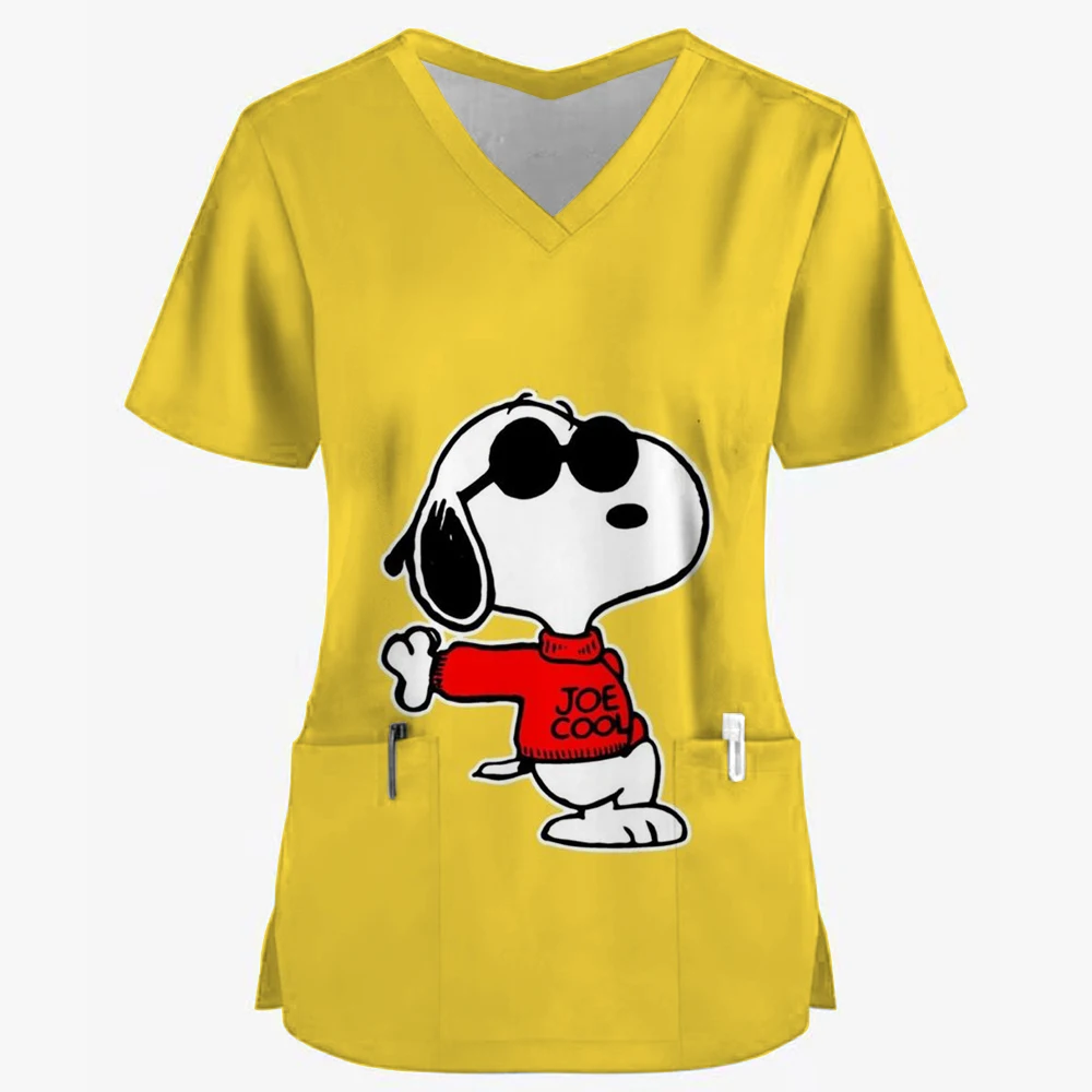 Medical Blouse Clinic Hospital Workwear Healthcare Nurse Snoopy print Uniform Carer Working Short Sleeve Tops Women T-shirt