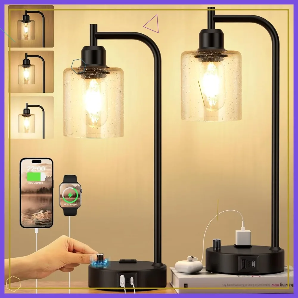 

Set of 2 Dimmable Bedside Lamps with USB Ports and Outlet, Black Glass Shade for Bedroom, Living Room, or Office