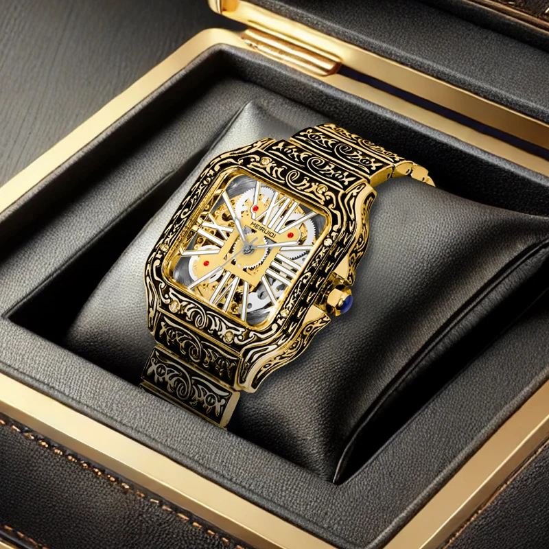 

Мужские роскошные механические часы с автоматическим механизмом, желто-черные, квадратной формы, с резьбой.