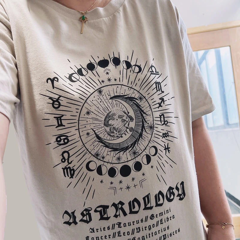 1pcs Astrology 80s 90s American Vintage  Printed Women Graphic Tees White Cotton Oversized Style T Shirt Ins Fashoin Tops