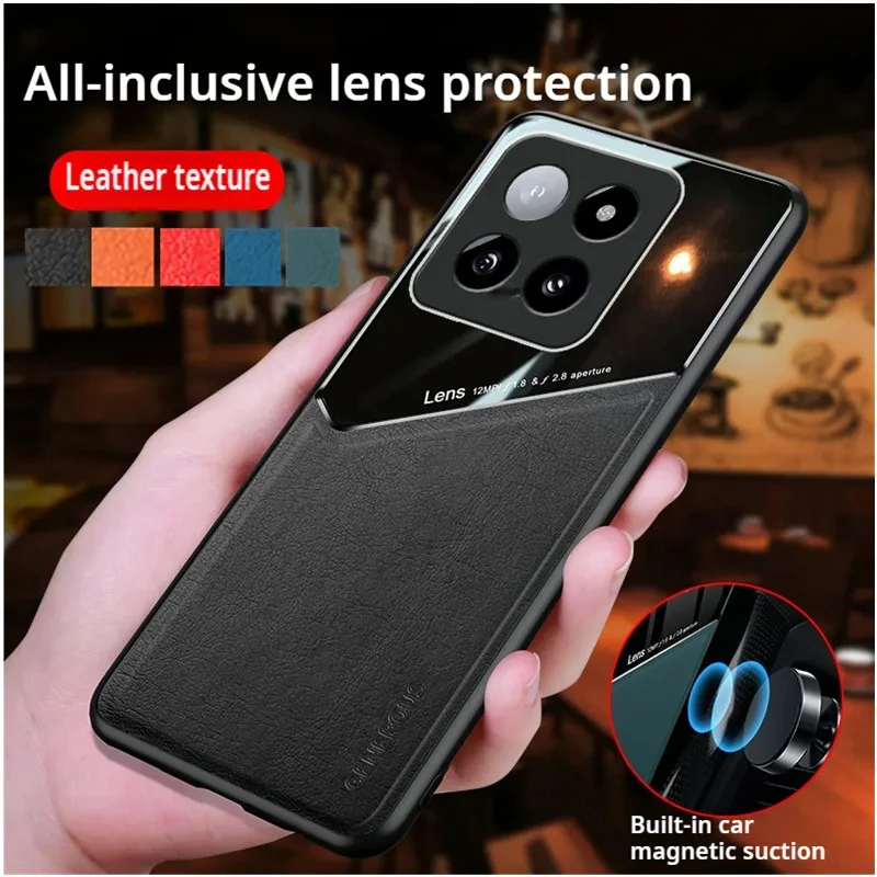 Leather Texture Case For Xiaomi 14T Pro 5G Cover With Car Magnetic Suction Holder Coque Fundas Capa