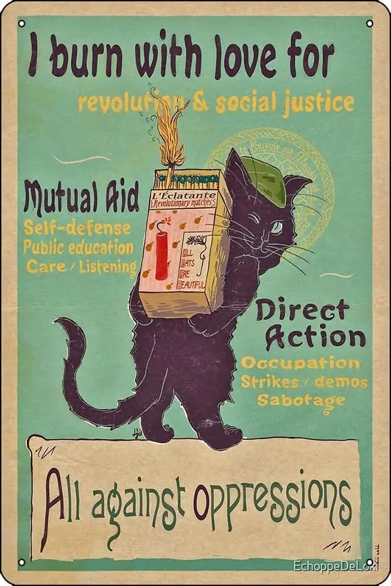 Burn with love for revolution – Art Nouveau cat Poster Metal Tin Sign Fun Home Art Wall Decor 8x12 Inch