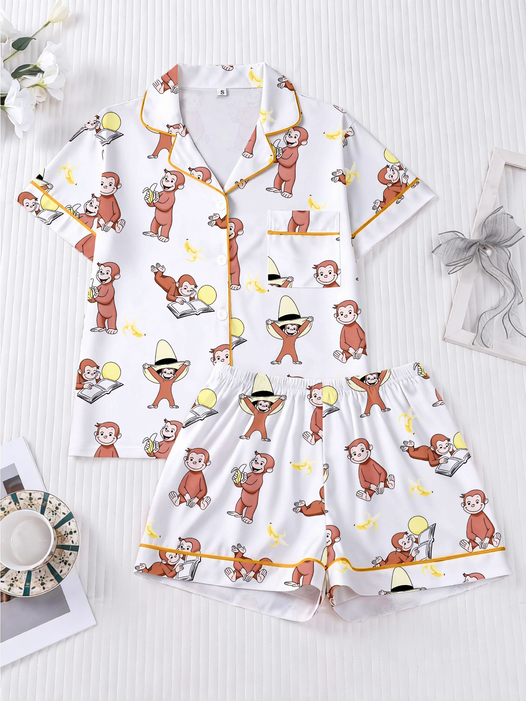 

Женский пижамный комплект с принтом обезьян, удобный топ с отложным воротником и шорты
