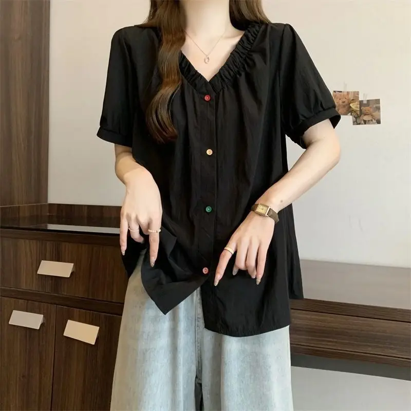 

V_neck Short Sleeve Color Button Shirt for Women Summer New Korean Version Loose Folded Collar Tops Fashion Women Clothing