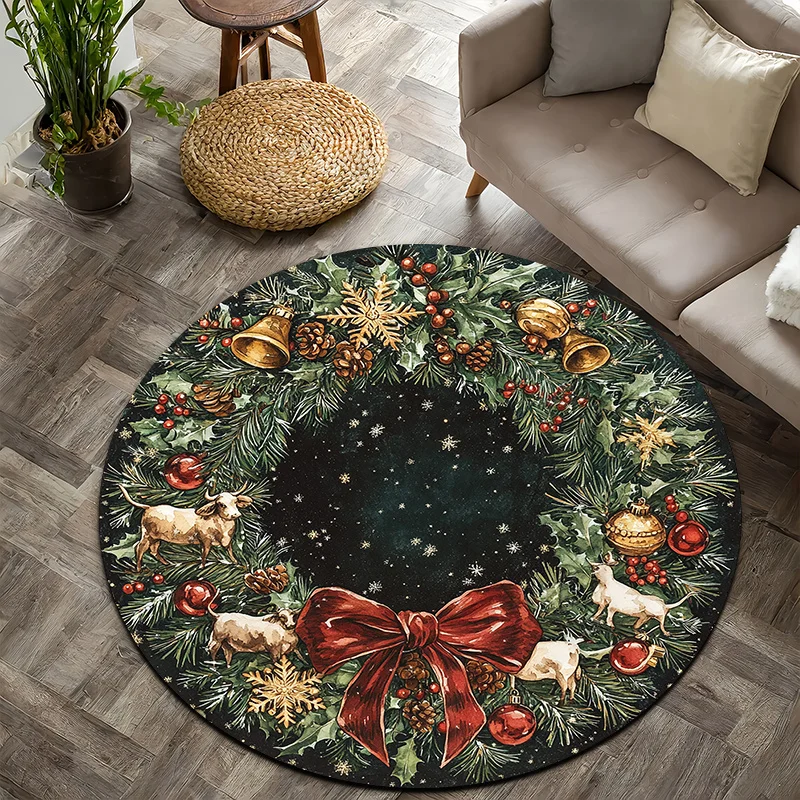 1pc 2D Flat Round Floor Mat, Christmas Wreath Printed Rug, Holiday Home Decor, Suitable for Reading Corner, Greenhouse