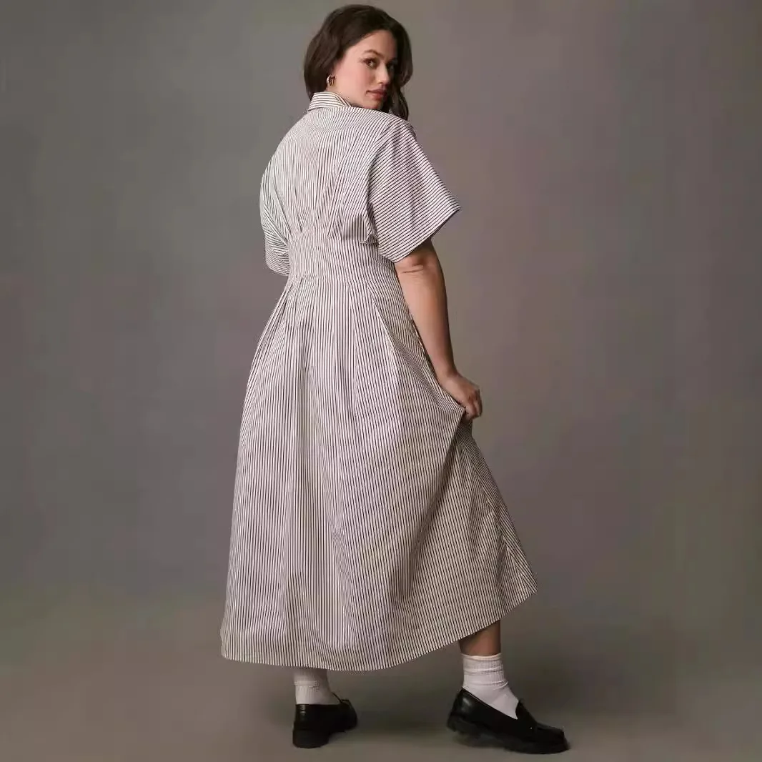 Robe chemise à manches courtes pour femmes, ample et décontractée, en coton et lin, à rayures, nouveau Style, jupe Midi, confortable et respirante, été