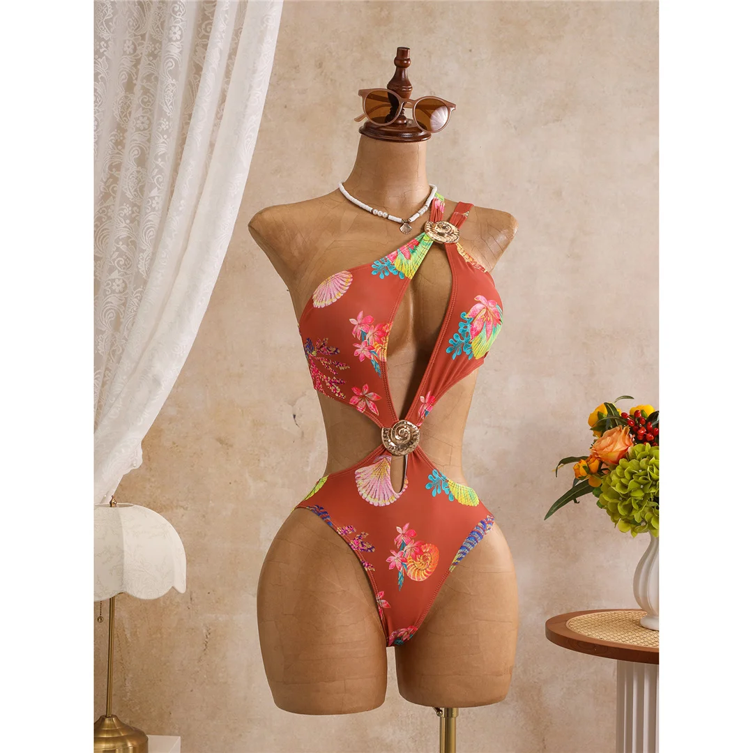 Blumenmuster, asymmetrischer Schnitt, einteiliger Badeanzug für Damen, One-Shoulder-Design, mit Ausschnitten, Monokini, Badebekleidung, Badeanzug, Modell V8370. – Detail 13