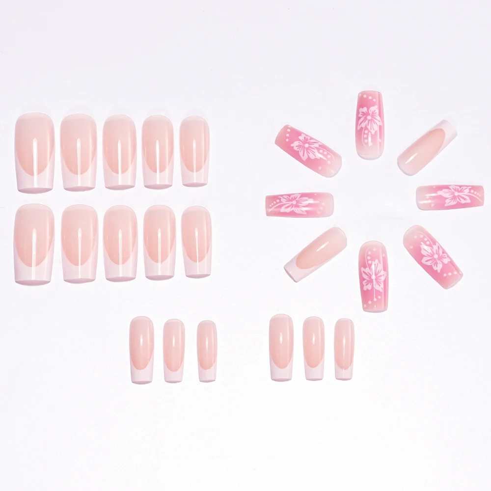 24 قطعة متوسطة زهرة طباعة الفرنسية وهمية مسمار فتاة استحى الوردي الباليه أظافر صناعية تلميح لتقوم بها بنفسك وصلات لإطالة الأظافر الاكريليك اضغط على الأظافر تلميح # #