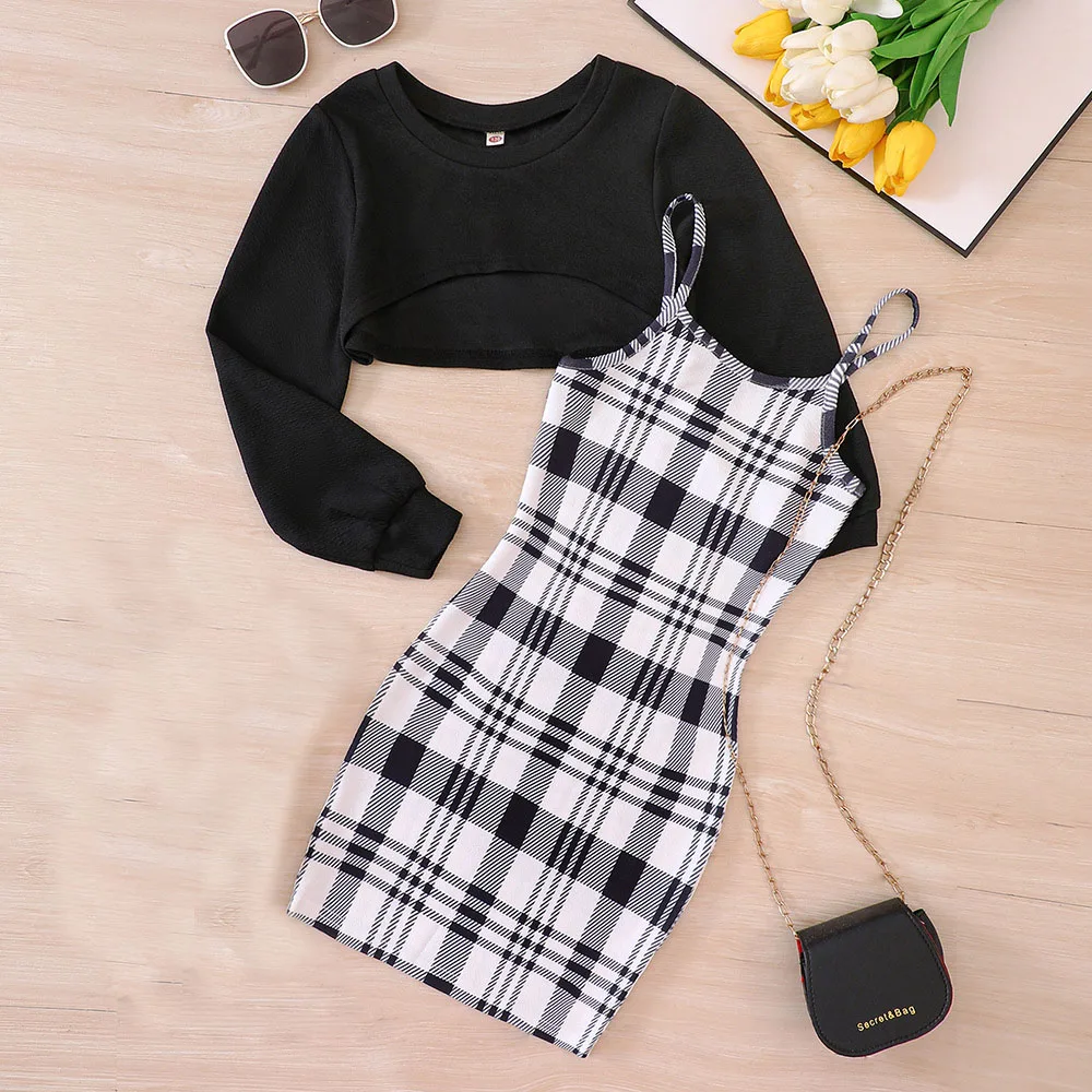 

2pcs Autumn Children Dress long sleeve High-waisted Top Plaid Print Sheath Slip Dress Casual Girl Dress Sets