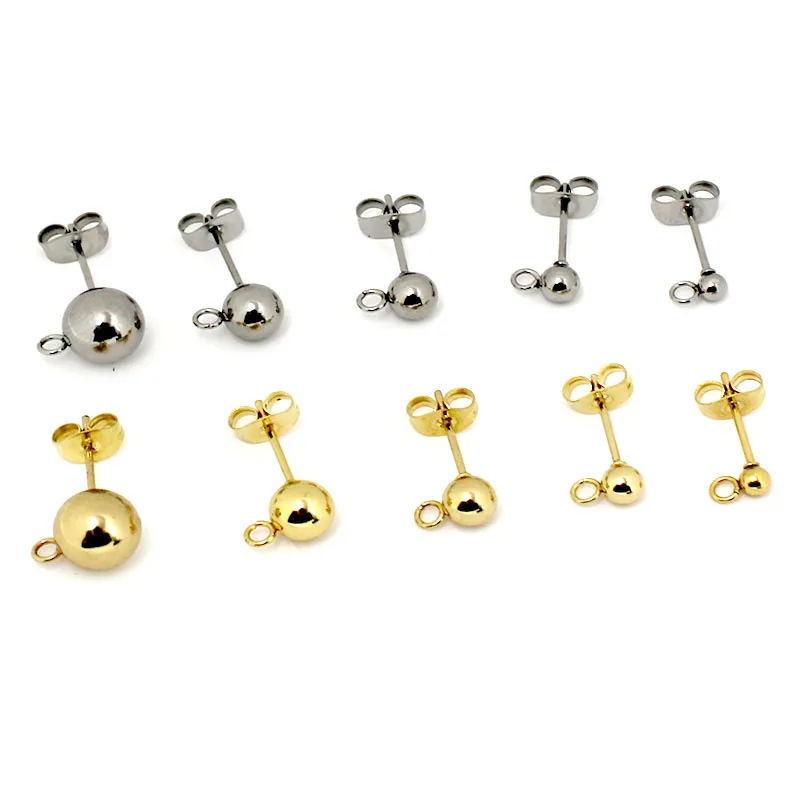 20Pcs 3 4 5 6 8mm Stainless Steel Hypoallergenic Round Ball Post Earrings Stud with Loop Fit Women DIY Earring Jewelry Making