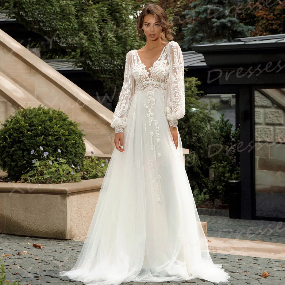 Classic V Neck A Line Women's Wedding Dresses Elegant Appliques Lace Bride Gowns Modern Long Sleeve Backless Vestido De Noivas