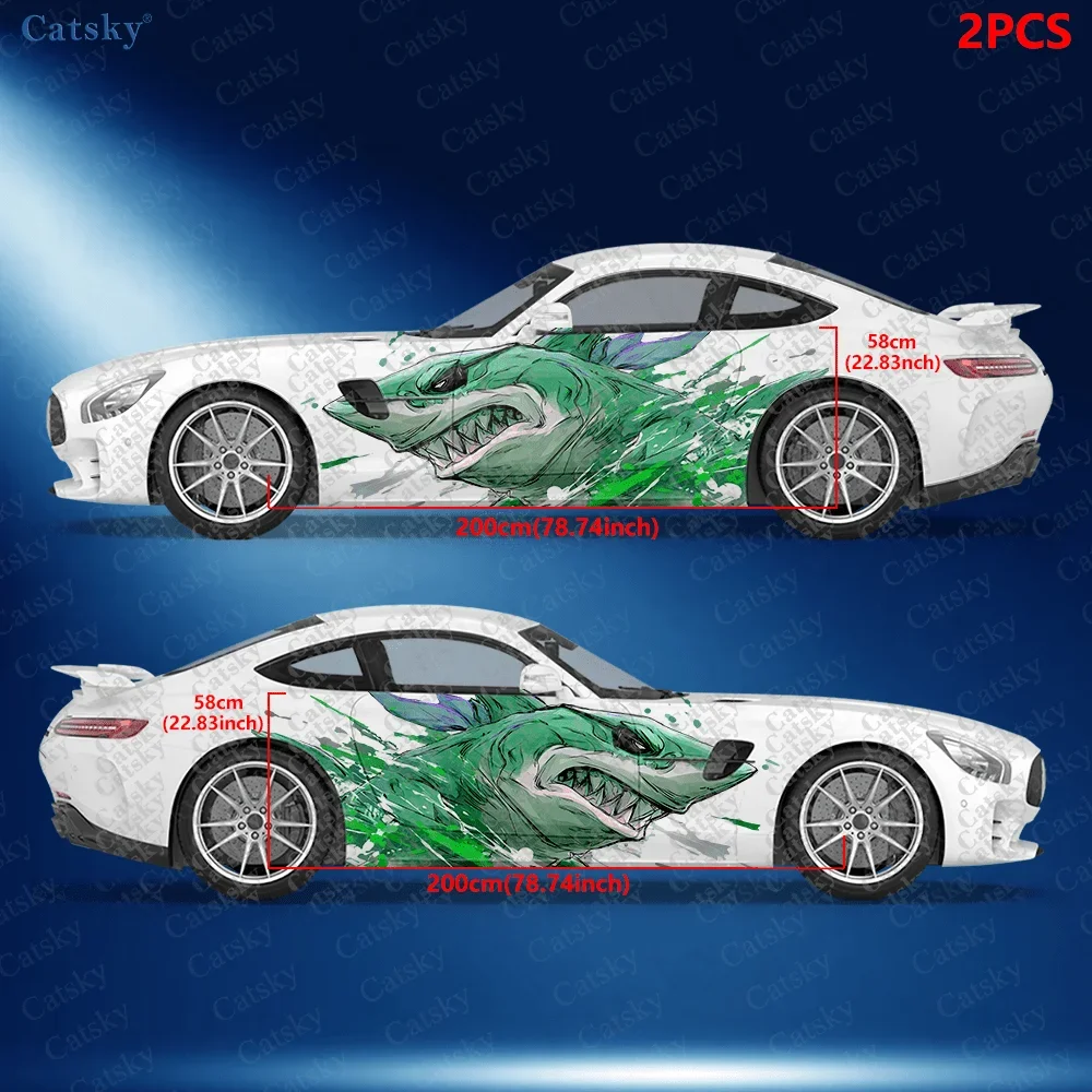 2pcs Giant Blue Shark Car Side Decals | Self-Adhesive PVC Waterproof & Scratch-Resistant Stickers, Fashionable Decals with Matte