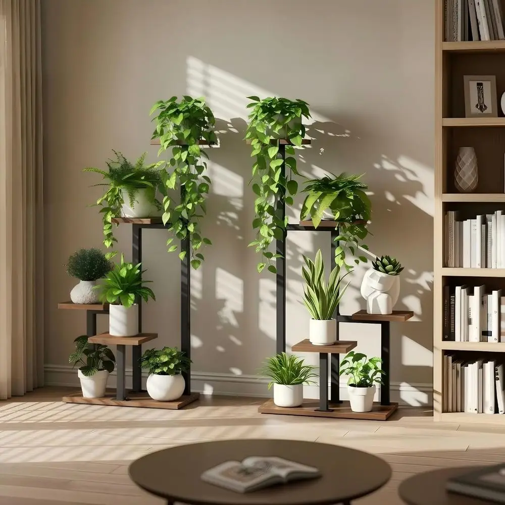 

Двухуровневая металлическая подставка для комнатных растений, в деревенском стиле, коричнево-черная, подходит для нескольких растений, для декора гостиной и патио