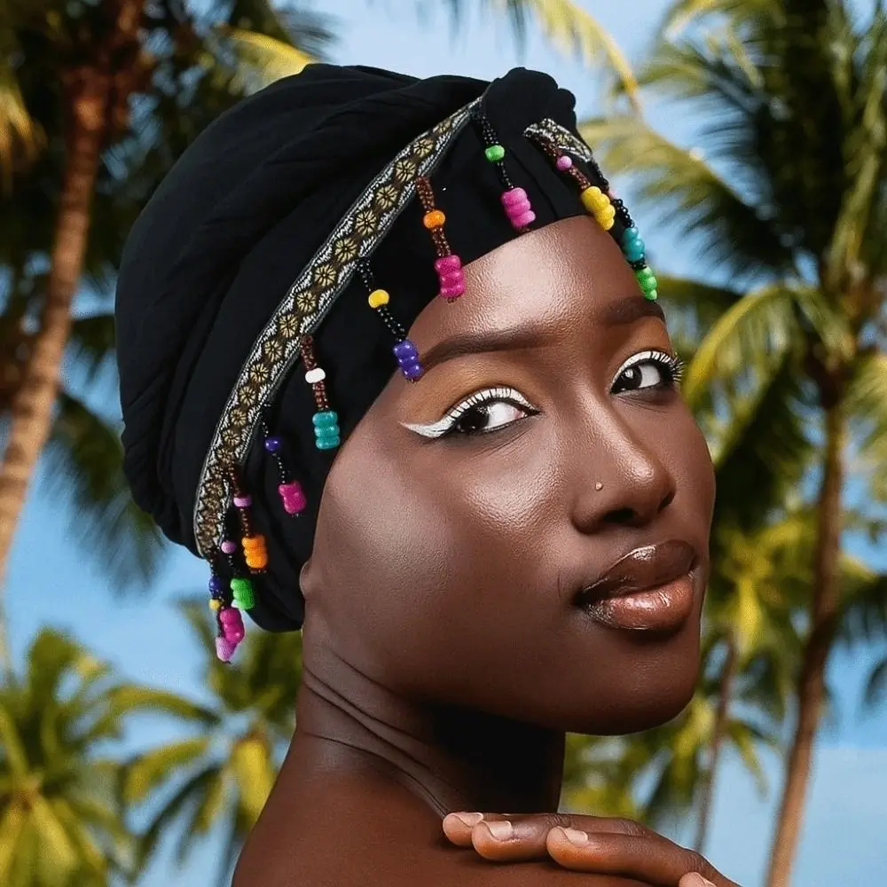 

Elastic Colorful Beaded Headscarf Breathable Ethnic Style Printed Tail Turban Streetwear Hip-hop Jacquard Pullover Cap Summer