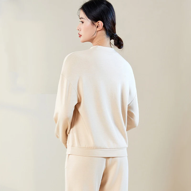 Women's Fleece-Lined Mulberry Silk Pullover Loungewear, Cozy Autumn & Winter Homewear