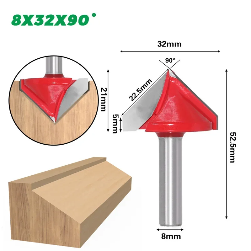 Wood Router Bit 8mm Shank V Shape 3D Engraving Bit 90 Degrees Carbide End Mill Diameter 22 32mm Wood Milling Cutter