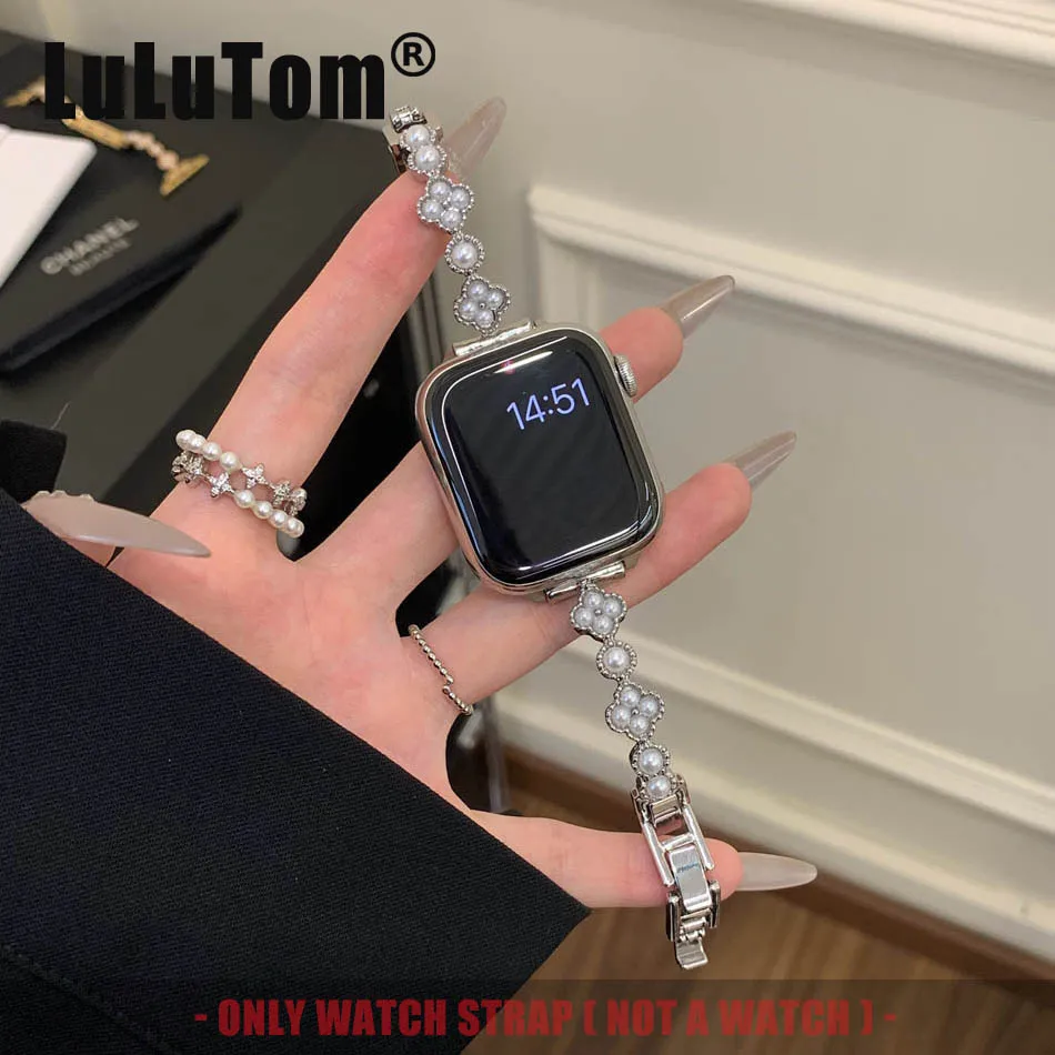 

Роскошный ремешок с жемчугом Four Leaf Clover для Apple Watch Band Series 10, 9, 8, 7, 6 SE 5 Ultra iwatch 46/49/45/44/42/41/40/38 мм Браслет
