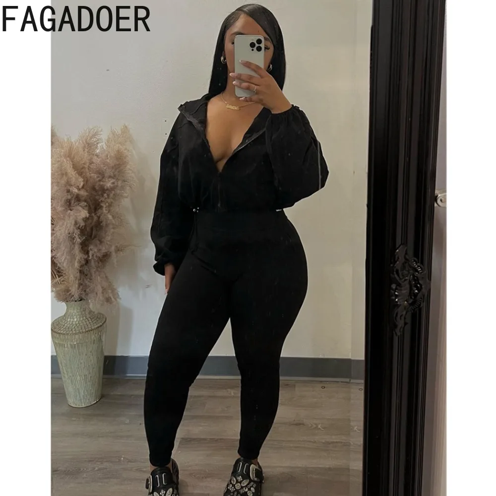 FAGADOER-أطقم من قطعتين للنساء ، بدلات رياضية غير رسمية ، أكمام طويلة ، توب برباط ، بنطلون نحيف ، ملابس أحادية اللون ، سحاب ، ملابس نسائية