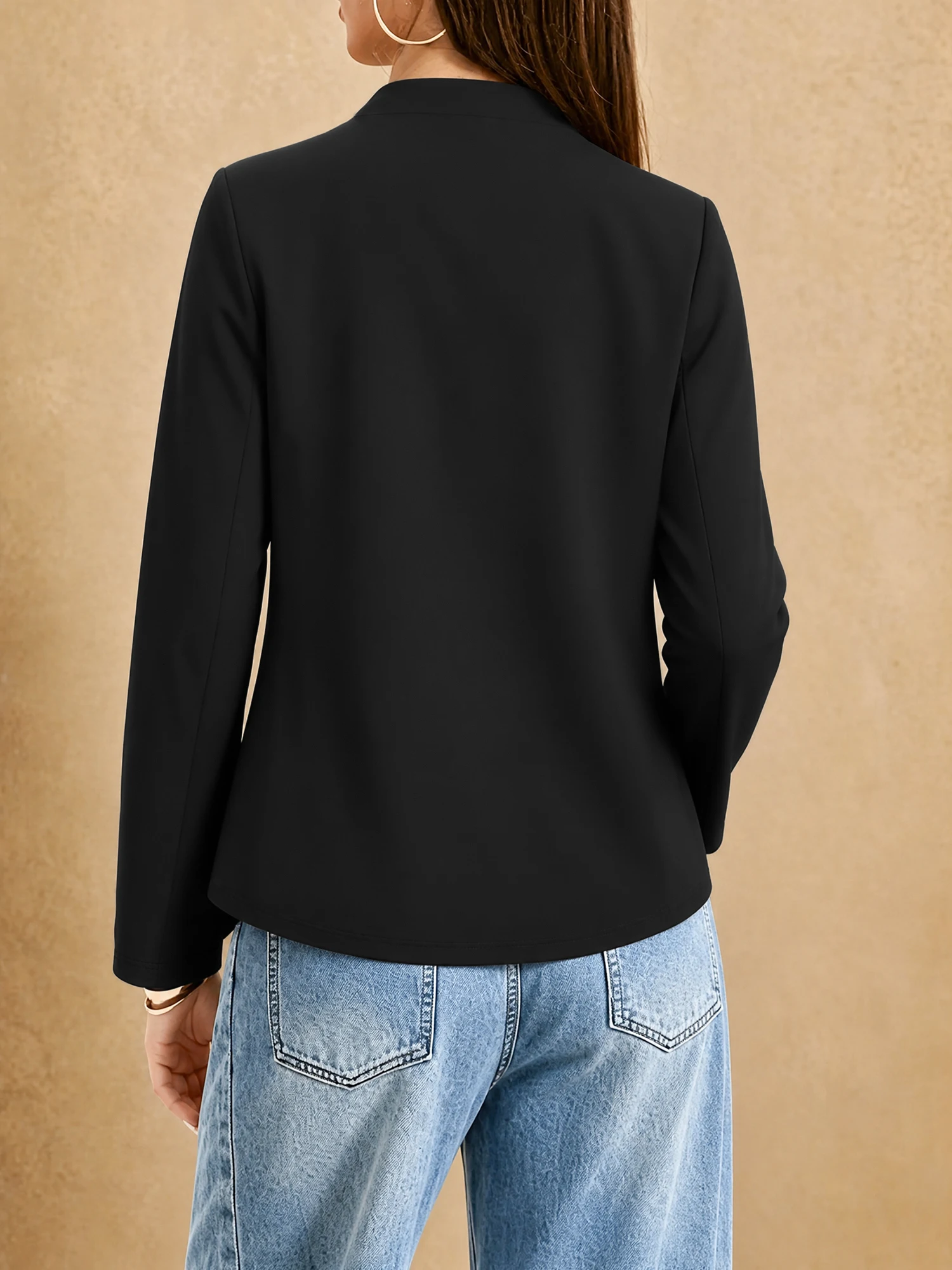Female Mandarin Collar Unbuttoned Blazer Long Sleeve Solid Black Lightweight Daily Wear Outer Tops