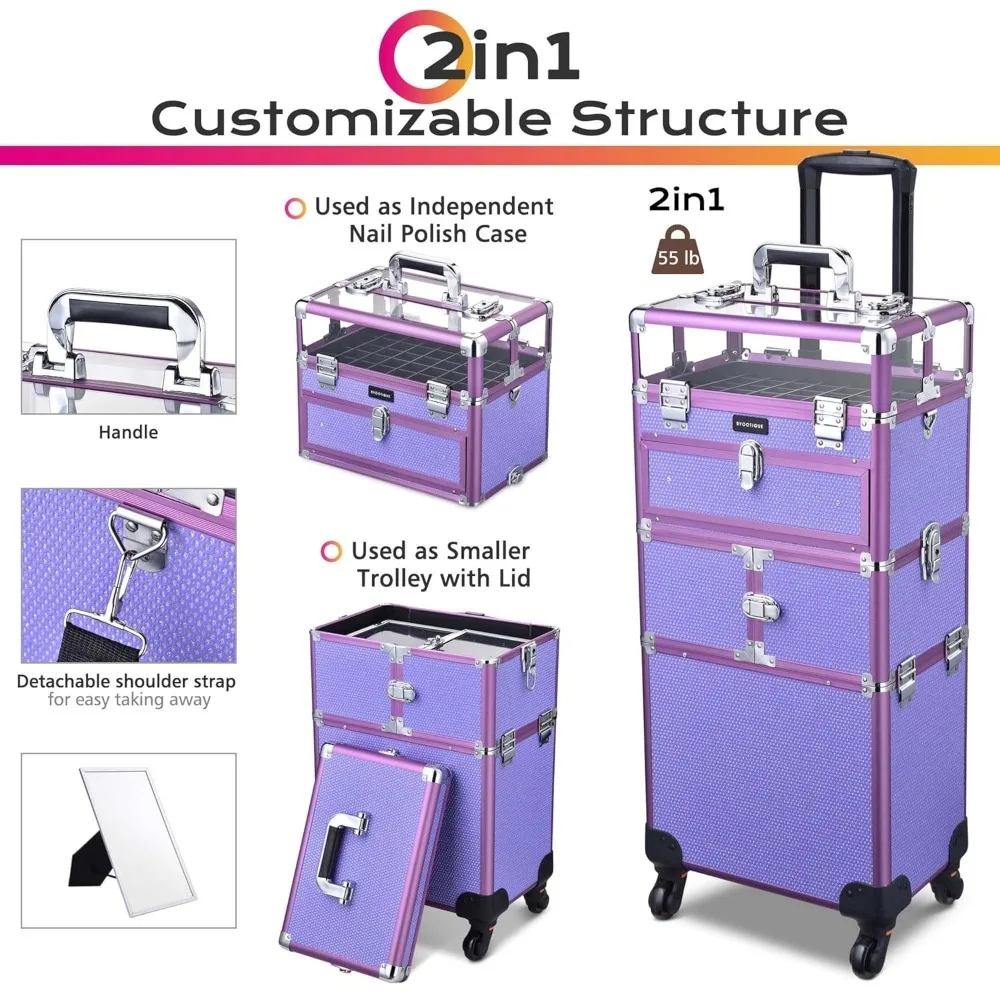 Portable Rolling Manicure Table Nail Polish Organizer Cosmetology Case on Wheels 2in1 Rolling Makeup Train Case with Drawer