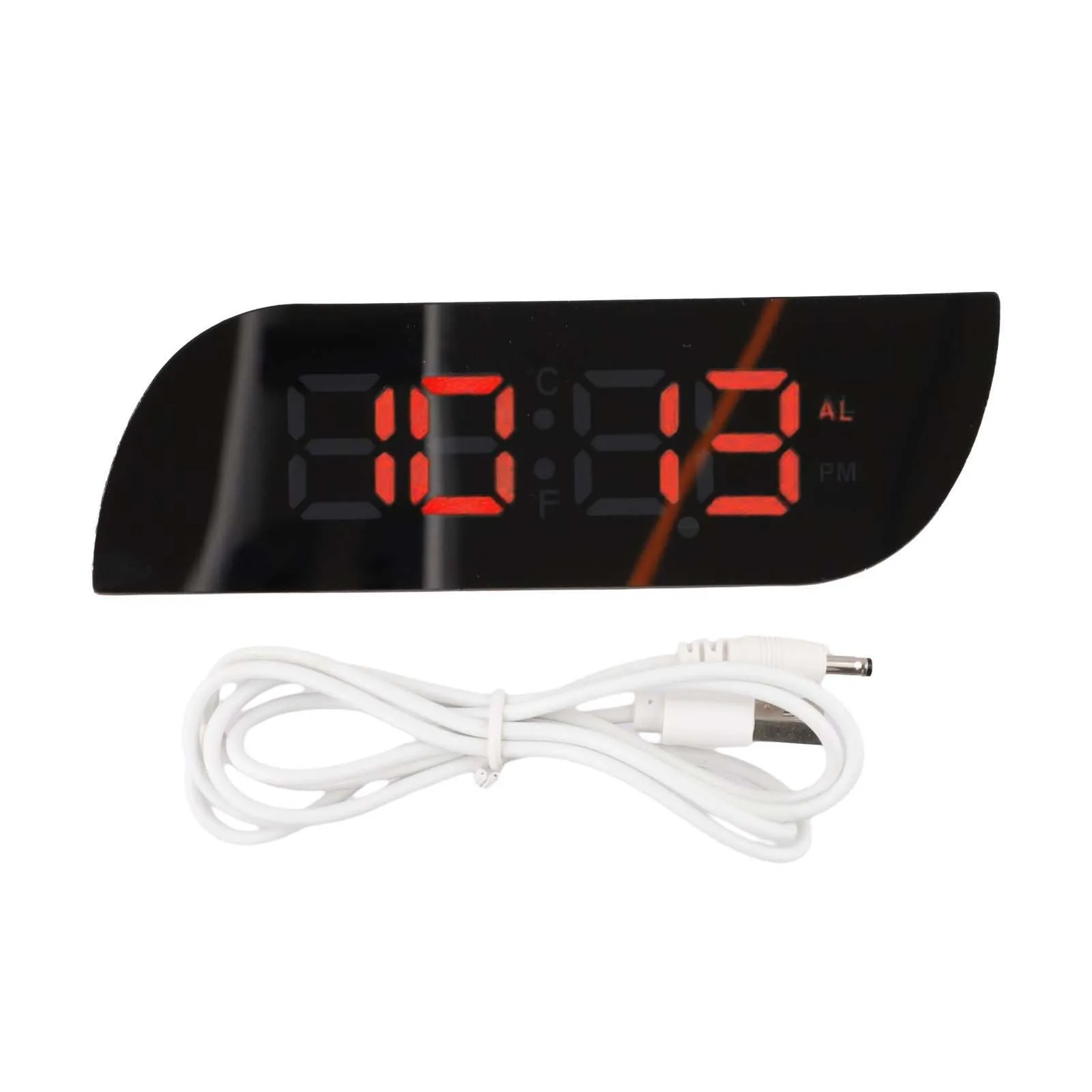 Teardrop LED alarm clock with temperature Celsius Fahrenheit display makeup mirror and 12 24 hour system for desktop