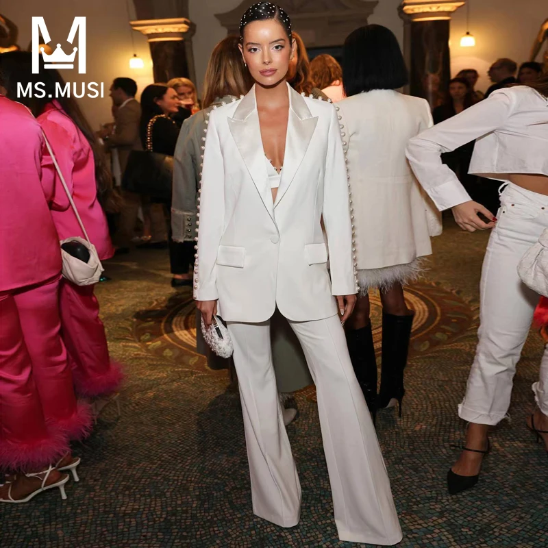 

MSMUSI 2024 New Fashion Women Sexy Pearl Two Piece Set Bodycon Party Beading Pocket Long Sleeve Blazer Top Long Pant Set Suit