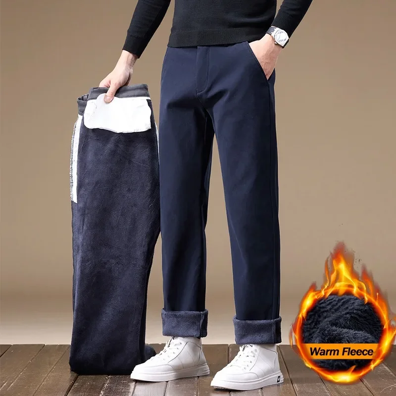 

Thicken Warm Men's Fleece Casual Pants Cotton Winter Plush Velvet Elastic Comfortable Straight High Quality Business Trousers