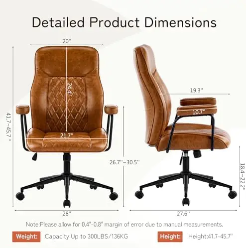 Leather Office Chair, Comfy Home Office Desk Chair, Mid Century Modern Office Chair with Lumbar Support, Mid-Back
