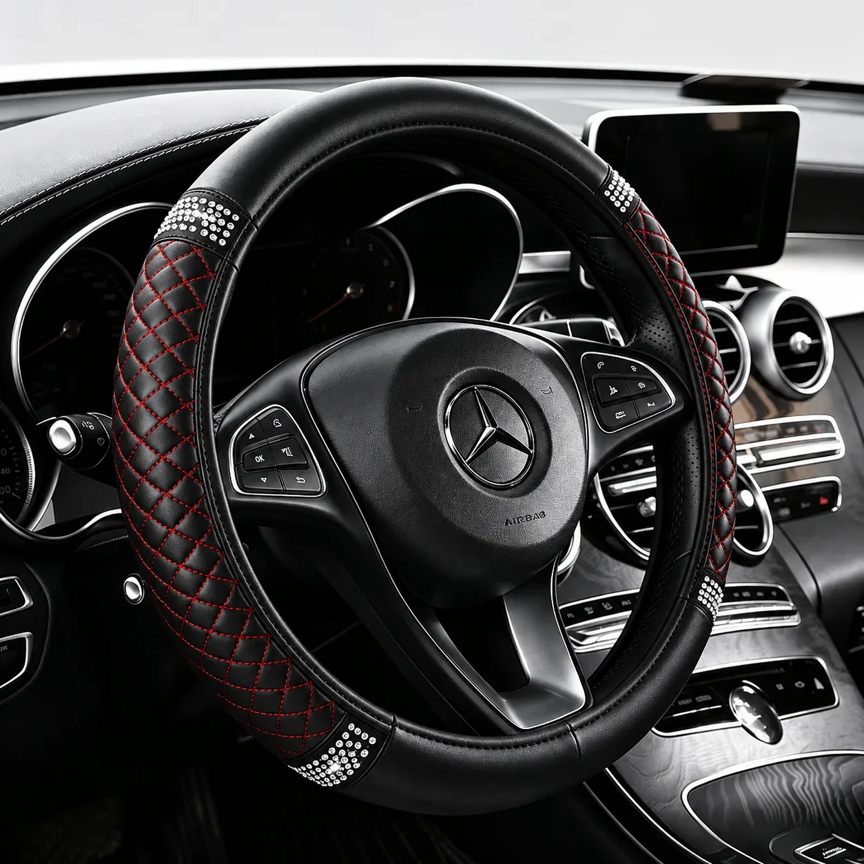 Napa Leather Perforated Patchwork Car Steering Wheel Cover, Non-slip, Breathable, Universal 15 Inch (Approx. 38.1cm)