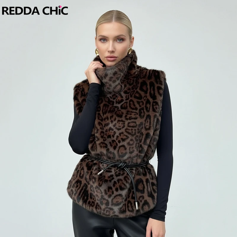 

REDDACHiC Fluffy Leopard Tank Top Vintage Layered Turtleneck Pullover Faux Fur Sleeveless Vest Fall Winter Trendy Woman Clothes