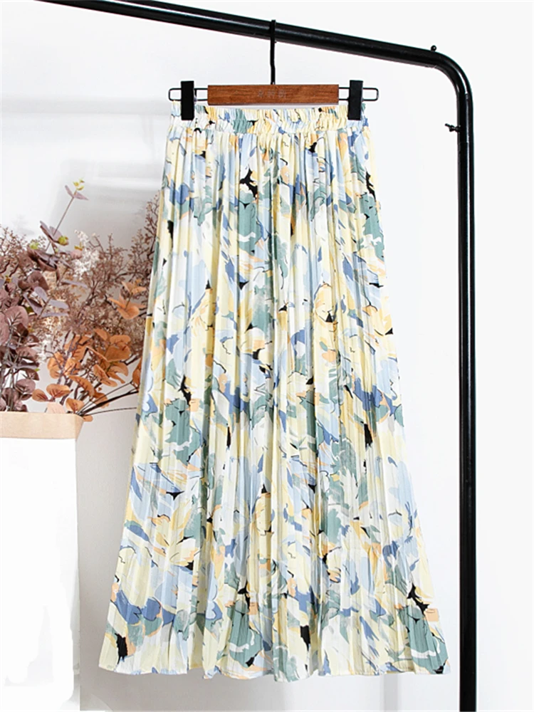 REALEFT New 2022 Vintage Floral Printed Tulle Pleated Mi-long Women Skirts High Waist Loose Female Umbrella Skirts Spring Summer