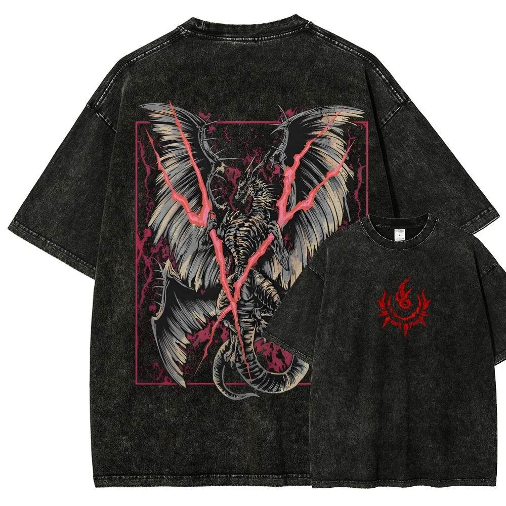 Antikes Drachen-Blitz-Print T-Shirt für Herren, Dark Myth Grafik-Tee, Vintage Washed Cotton Streetwear, Harajuku Punk Oversized Top