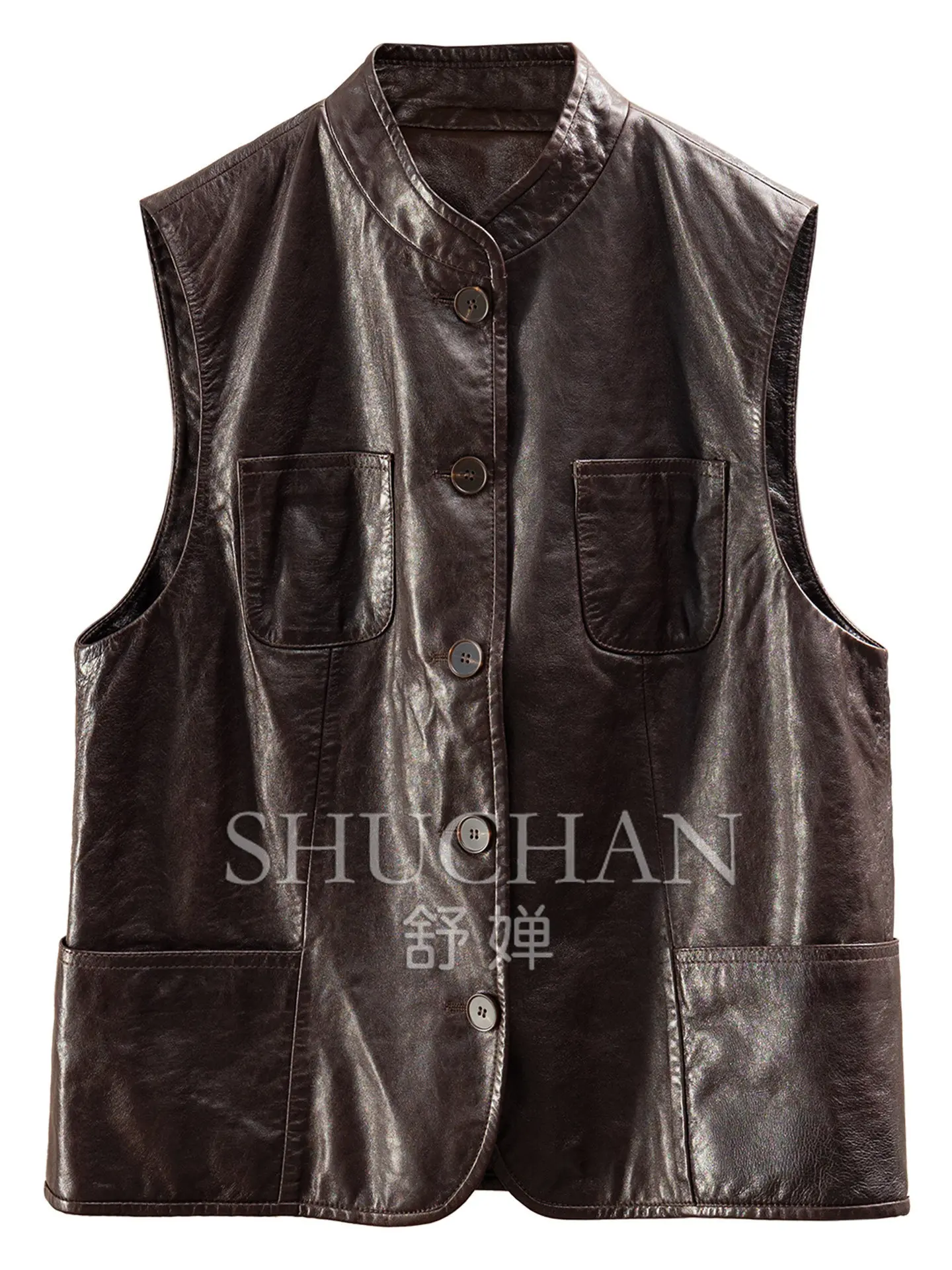 Tank Top Old Qian Feng Low-key Luxury Pine Oil Wax Sheepskin Stand-up Collar Vest Female F016