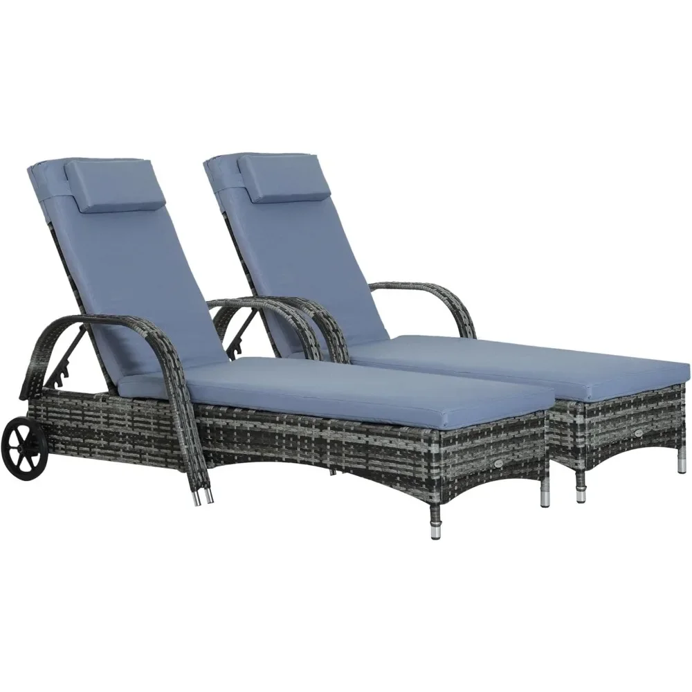 

Picker Outdoor Lounger Set 2 Pieces, 5-Tier Adjustable Backrest PE Rattan Pool Lounger with Wheels, Cushion and Headrest