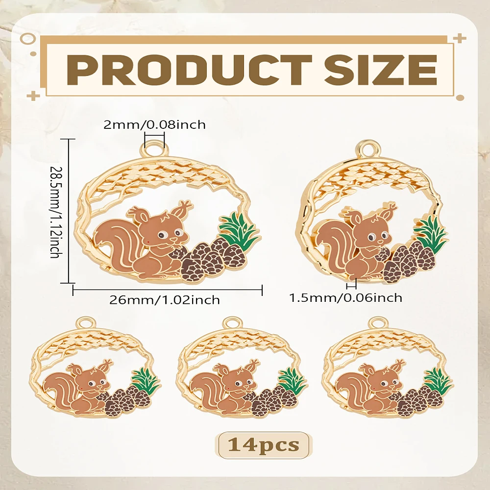14Pcs Alloy Enamel Pendants Flat Round with Squirrel Charms Golden Cadmium Free Nickel Free Lead Free Peru 28.5x26x1.5mm
