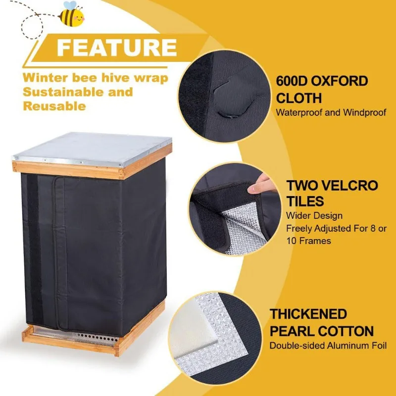 HLZS-Waterproof, Windproof Black Oxford Cloth Adjustable Beehive Wrap(2PCS) For 8 And 10 Frame Winter Bee Hives