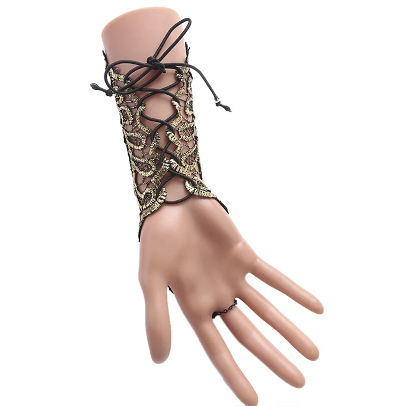 Gothic Steampunk Lace Cuff  Fingerless Glove Arm Warmer Bracelet Black Gold