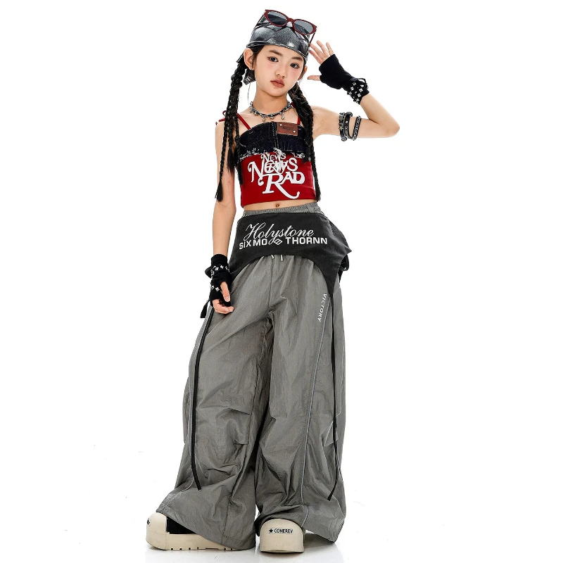 Meninas dança de rua hip hop traje rendas até colheita tanque superior calças soltas desempenho em grupo roupas dança moderna jazz palco outfit