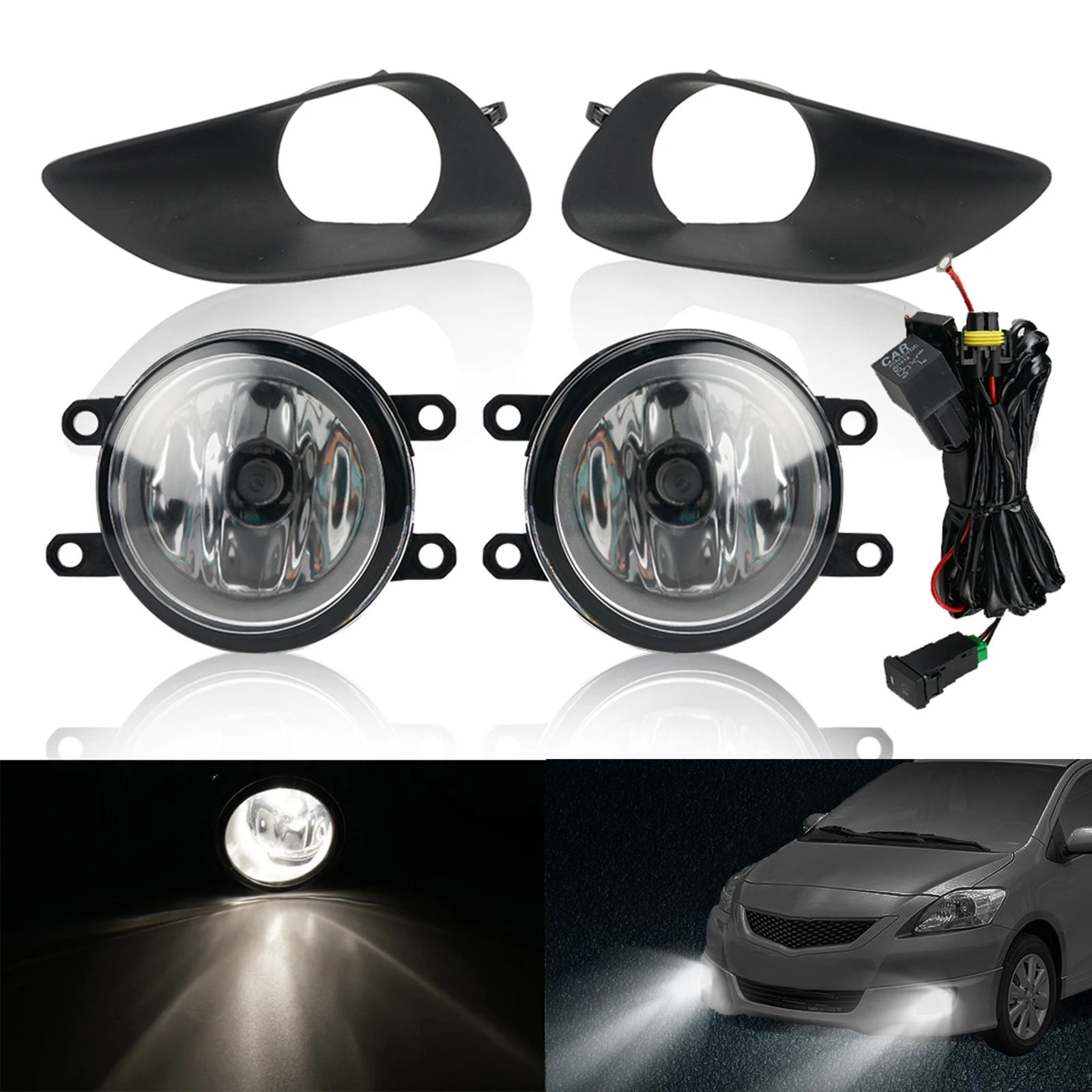 

BEVINSEE Front Bumper Clear Fog Lights Lamps w/ Switch & Cables & Lamp Frame for Toyota Yaris Sedan 2006-2011