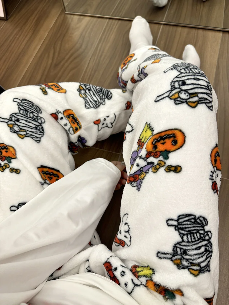 Halloween Hello Kitty Flannel Sleeping Pants For Women In Autumn And Winter, New Coral Fleece Thickened Warm Casual Home Pants