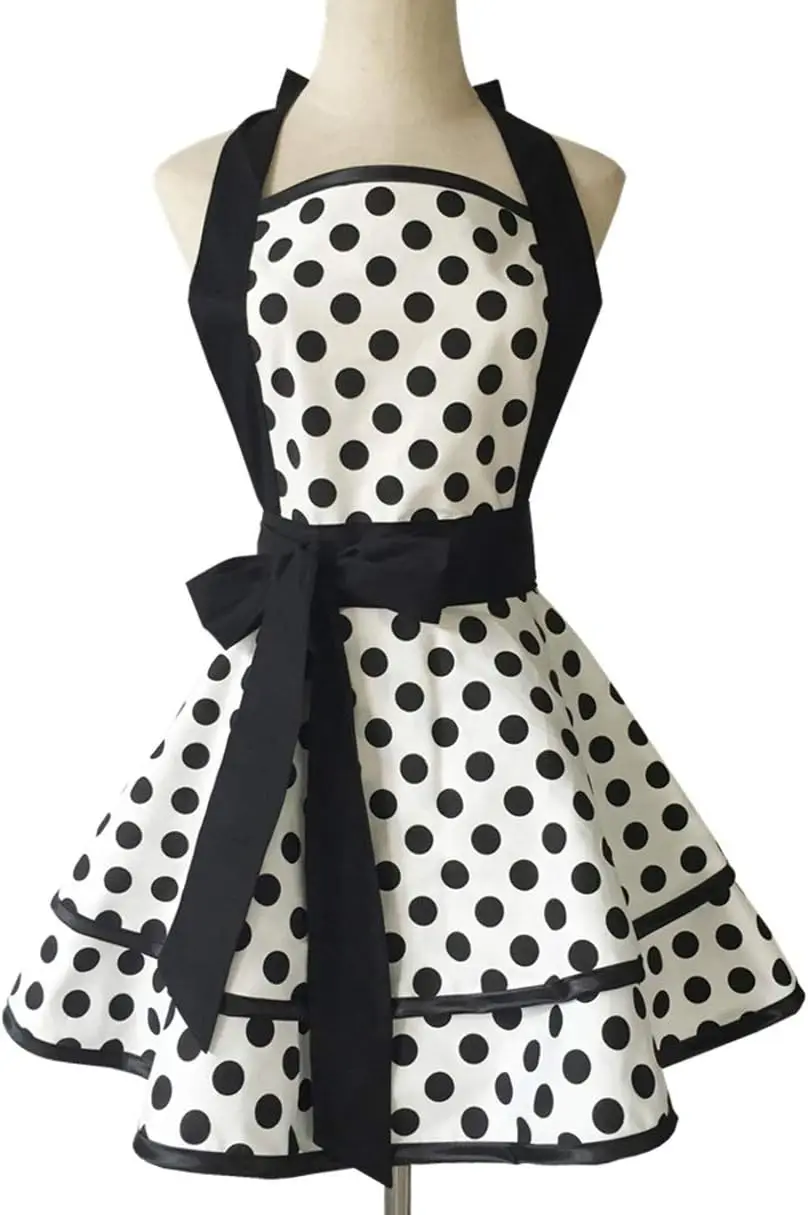 

Lovely Handmade Cotton Retro Apron for Women, Kitchen Cook Apron, Mother's Gift in Black Dot