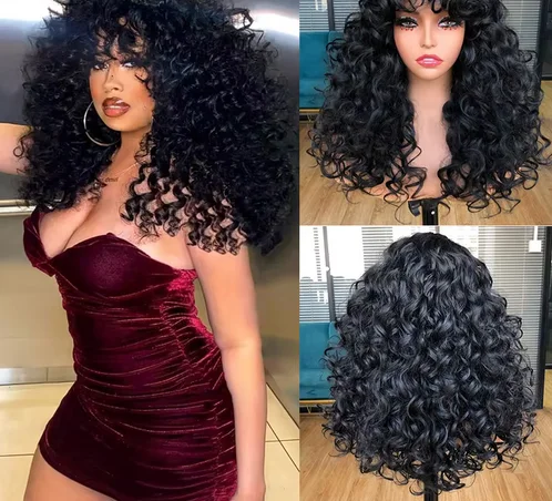 Black Curly Wigs With Bangs Long Curly Afro Wig for Women Synthetic Hair for Daily Party Cosplay Costume